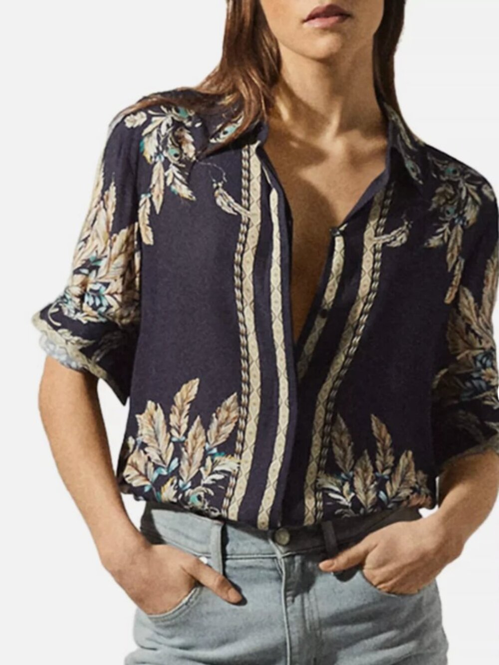 REISS Tiff Feather Print Button Down Blouse US Size 2